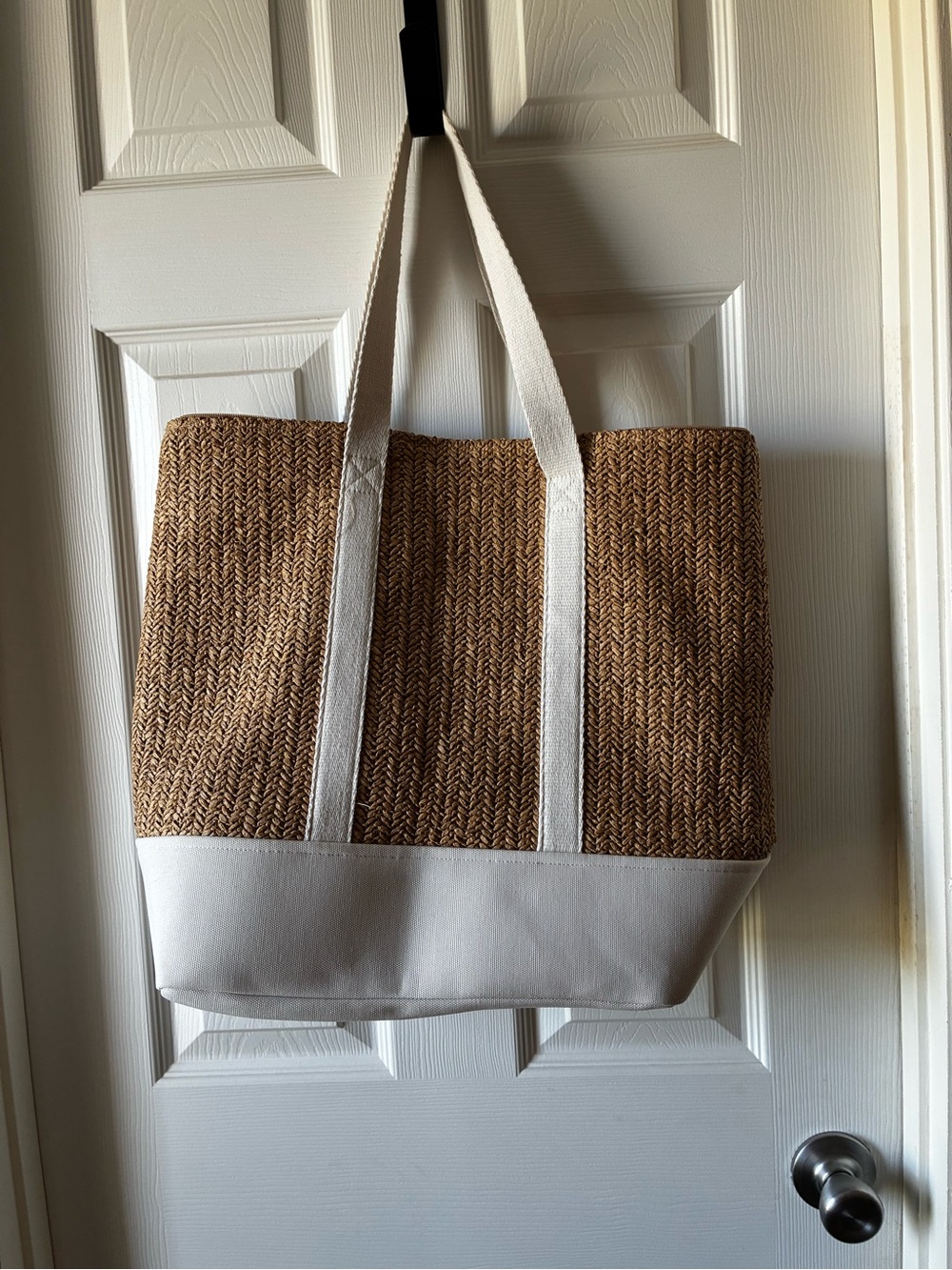 Woven Straw Tote Bag with Cream Trim